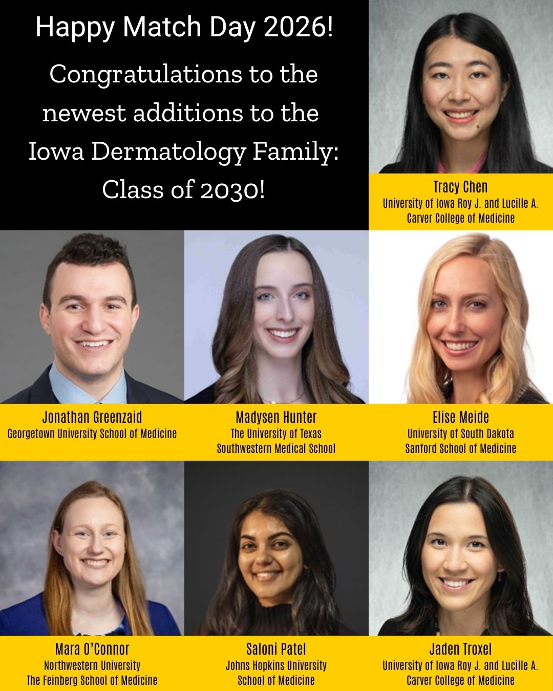Headshots of the seven future residents who matched into the dermatology program.